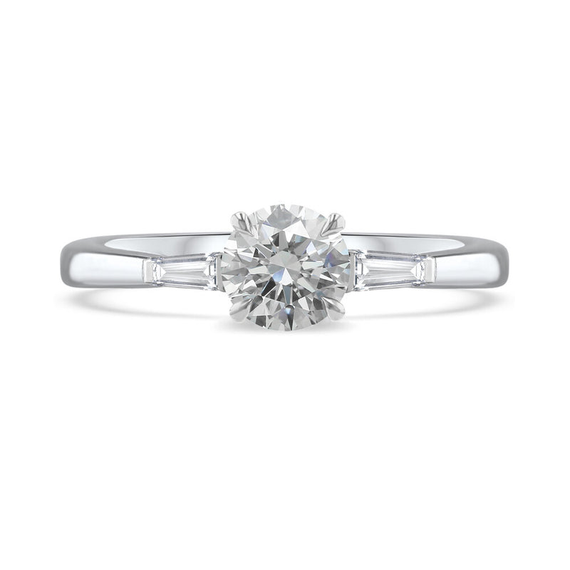 Platinum 0.70ct Round Brilliant Cut Diamond Tapered Baguette Engagement Ring