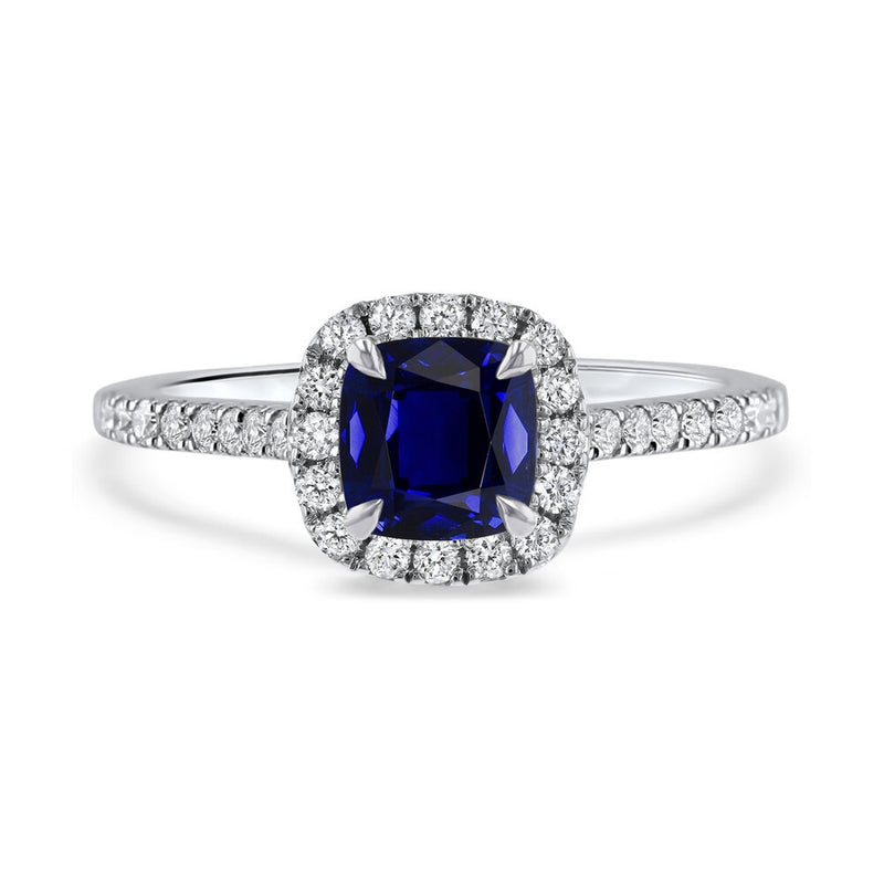 Platinum 1.50ct Cushion Cut Blue Sapphire Diamond Halo Ring