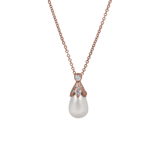 18ct Rose Gold Rose Diamond & Pearl Necklace