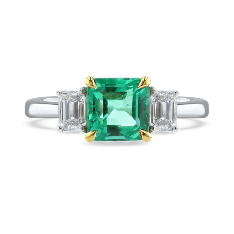 2.50ct Step Cut Emerald & Diamond Three Stone Platinum Ring