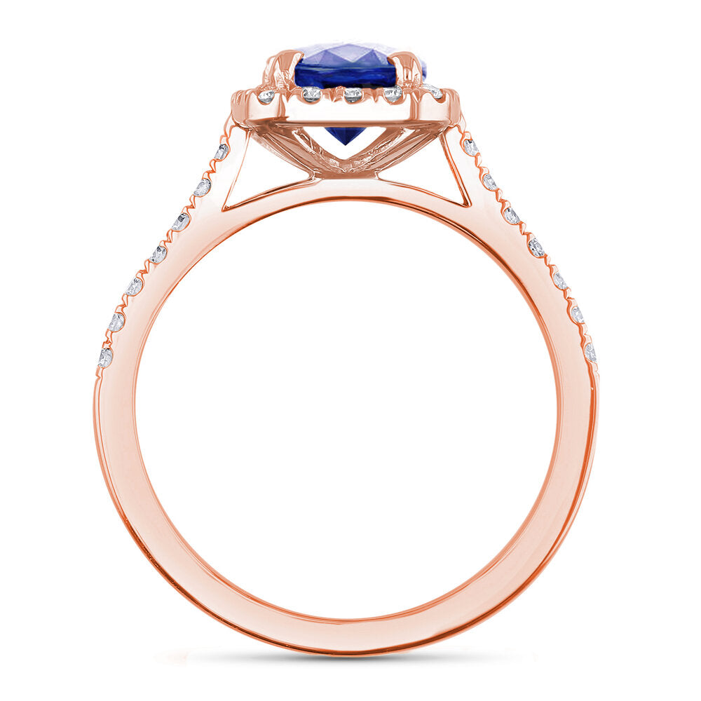 18ct Rose Gold 2.00ct Cushion Cut Blue Sapphire Diamond Halo Ring – Bow ...
