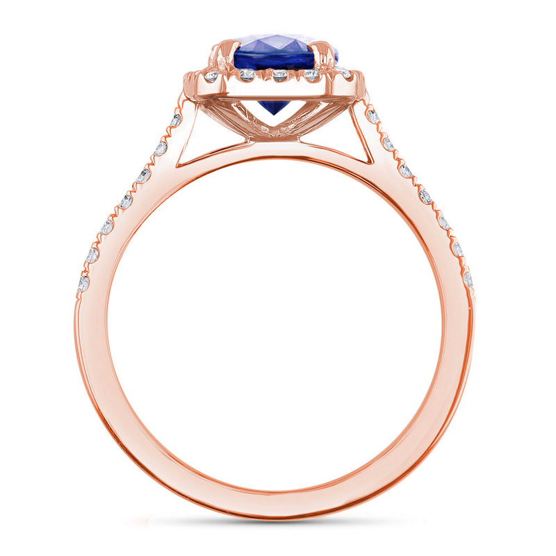 18ct Rose Gold 2.00ct Cushion Cut Blue Sapphire Diamond Halo Ring