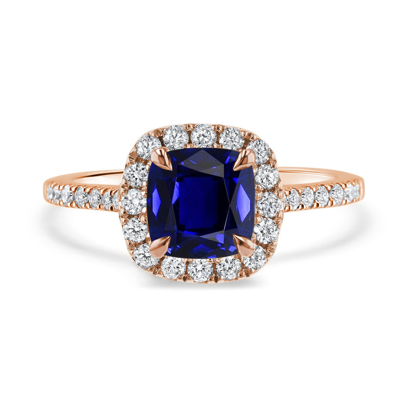18ct Rose Gold 2.00ct Cushion Cut Blue Sapphire Diamond Halo Ring