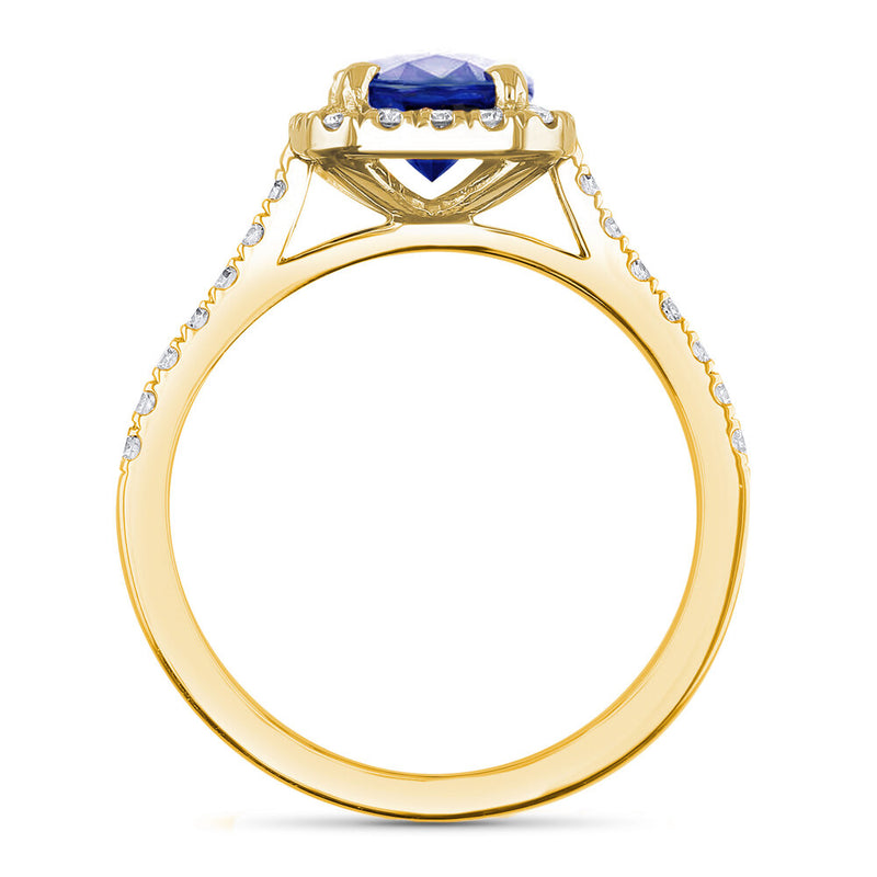 18ct Yellow Gold 2.00ct Cushion Cut Blue Sapphire Diamond Halo Ring