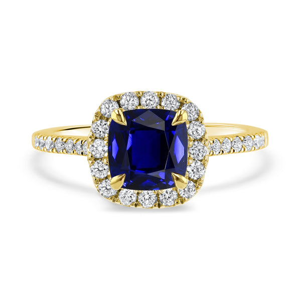 18ct Yellow Gold 2.00ct Cushion Cut Blue Sapphire Diamond Halo Ring